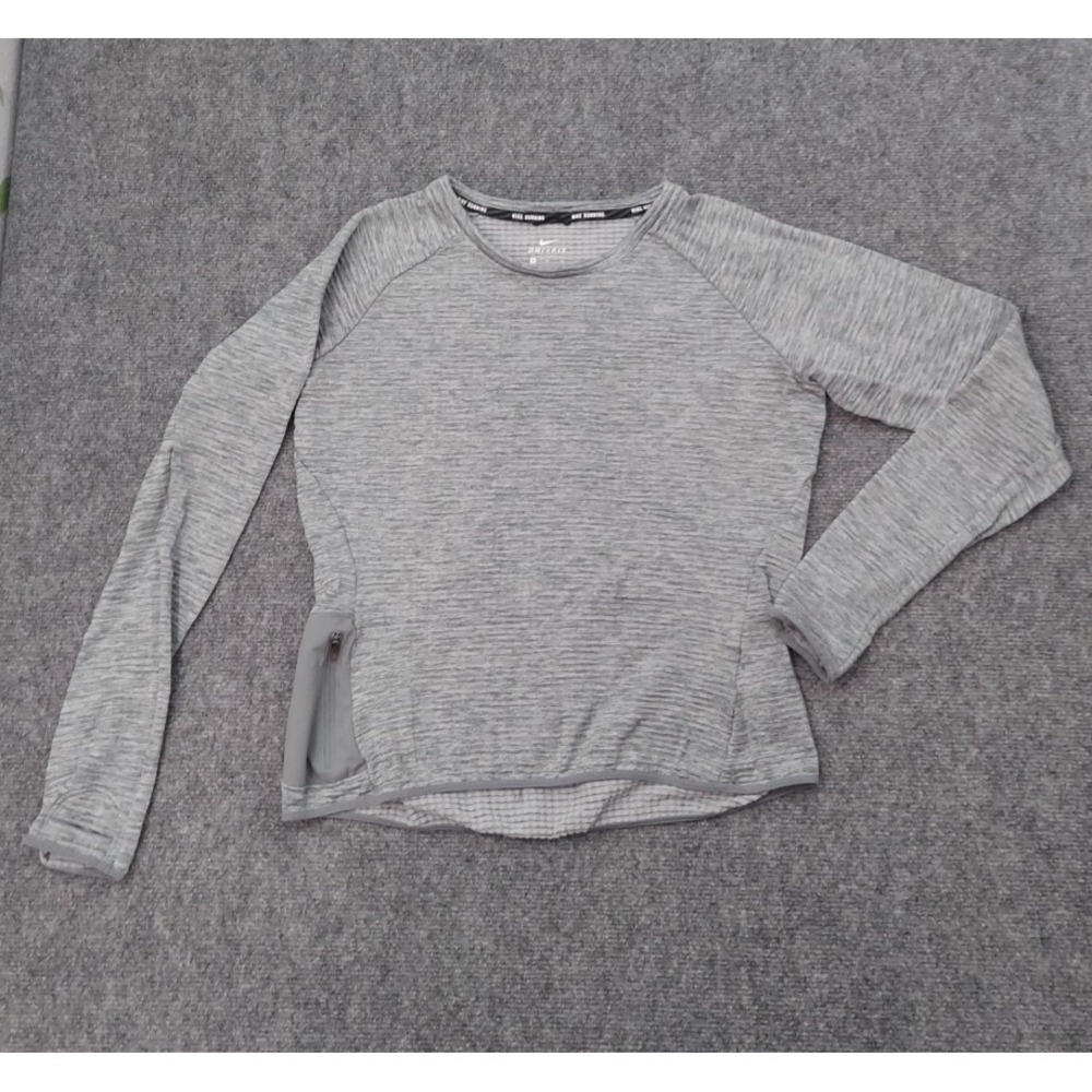 Nike Running Top Womens Medium Gray Dri Fit Long Sleeve Thumbholes Zip Pocket